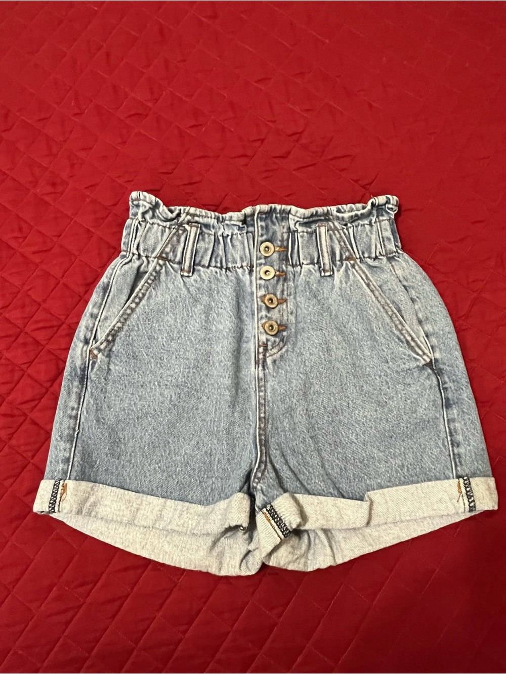 High-Rise Button-Front Light Wash Denim Shorts